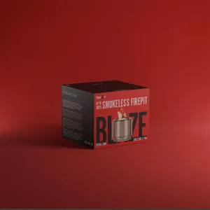 herQs Blaze rökfri firepit-detaljhandelsförpackning med produktbild och röd och svart förpackningsdesign