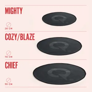 Comparaison des tailles du tapis chauffant herQs Cozy & Blaze montrant un tapis rond de 70 cm avec les tailles MIGHTY et CHIEF