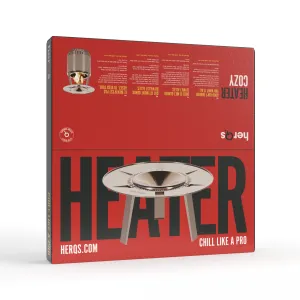 herQs Cozy Heater mažmeninė dėžutė su raudona pakuote ir stalinio šildytuvo iliustracija