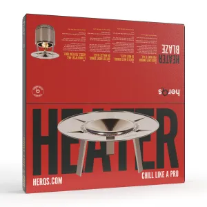 herQs Blaze Heater-Verpackungsbox mit aufgedruckter runder Heizergrafik und Flammenillustration auf rotem Hintergrund