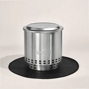 herQs Cozy Closer fire pit lid in brushed stainless steel with embossed logo and black base mat