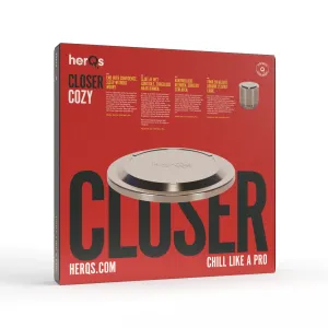 herQs Cozy Closer fire pit lid retail box, red packaging with product image and herQs branding