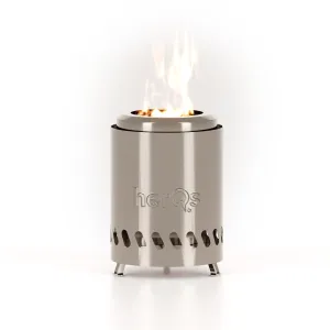 herQs compact smokeless table fire pit with visible flame and stainless steel body