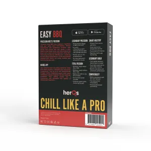 herQs EasyBBQ smart termometer, försäljningsförpackning med appnotiser, visad i svart och röd förpackning