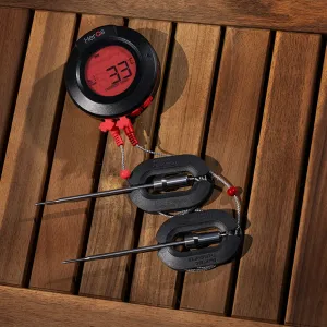 herQs-Domethermometer mit rot hinterleuchtetem Display und zwei Fühlern zur Temperaturüberwachung beim Grillen