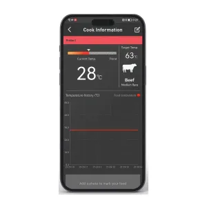 Skärm i herQs EasyBBQ-appen som visar matlagningsinformation, sondtemperatur och måltemperatur för nötkött medium rare