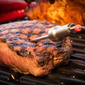 Sonde de thermomètre de barbecue HerQs insérée dans un steak grillé sur une grille de barbecue pendant la cuisson