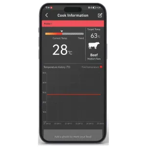 herQs Grill-App auf einem Smartphone mit Sondentemperatur, Zieltemperatur und Garverlaufsgrafik
