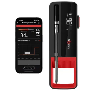 herQs Double Max trådlös köttermometer bredvid appskärmen, med digital display och metallprob