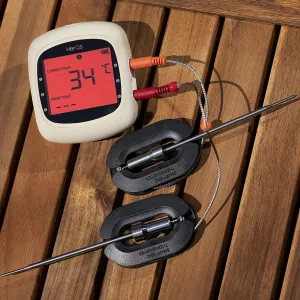 herQs EasyBBQ trådlös termometer med röd display och två givarkablar för temperaturövervakning vid grillning