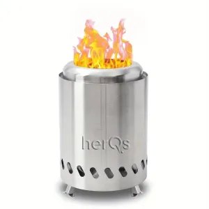 herQs Smokeless FirePit Mini tabletop fire pit in stainless steel with visible flames