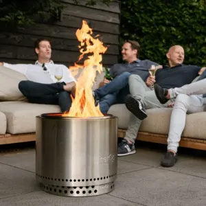 herQs Blaze rökfri firepit i borstat rostfritt stål med synlig låga för utomhussammankomster
