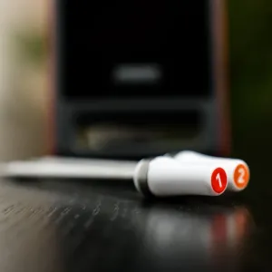 HerQs Pin PRO kabellose Fleischthermometer-Sonde mit zwei nummerierten Sensorspitzen auf einer dunklen Oberfläche
