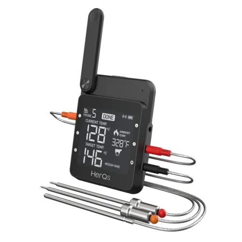 HerQs kabelloses Lebensmittelthermometer mit digitalem Display, Antenne und mehreren Metallfühlerkabeln