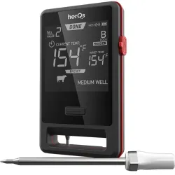 HerQs Pin PRO wireless meat thermometer with two rechargeable probes and smart app integration for precise cooking.